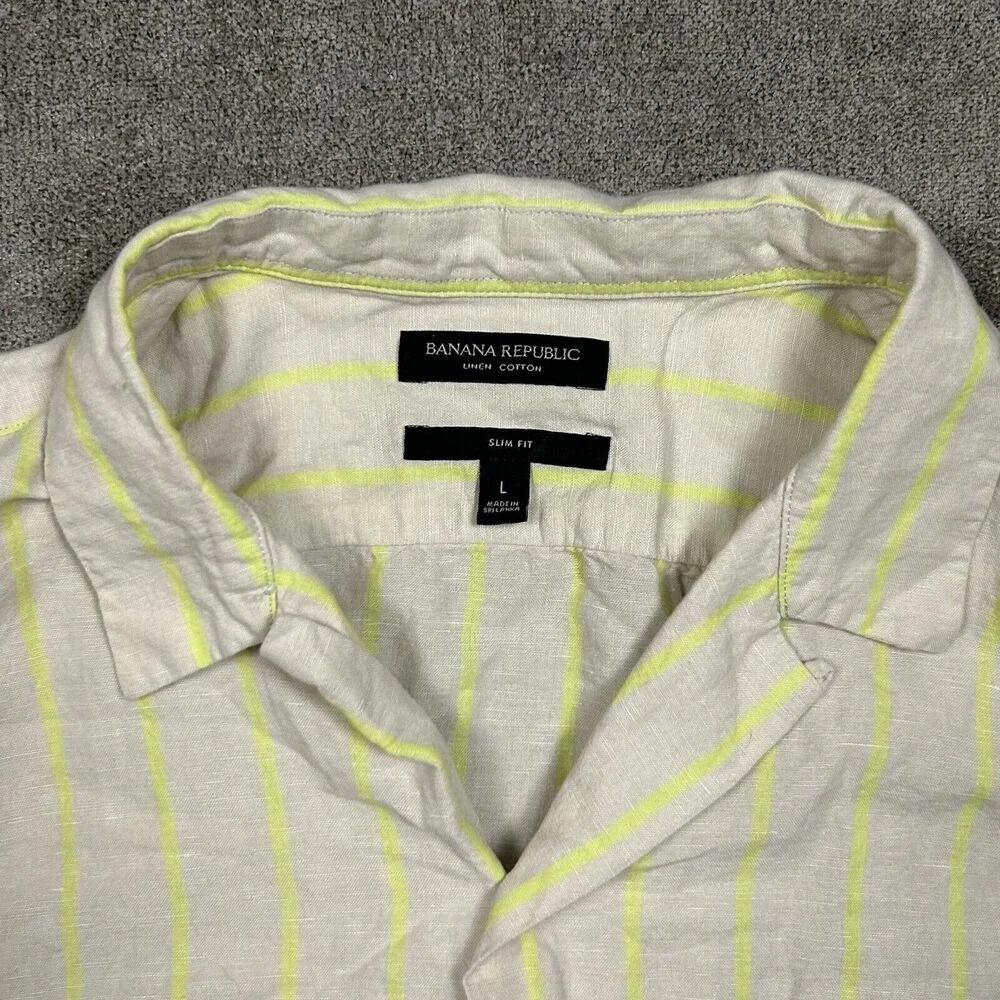 Banana Republic Shirt Mens Linen BlendCamp Collar Large Slim Fit Tan Striped